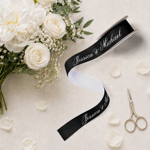 Black Wedding Simple Calligraphy Elegant Script Satin Ribbon