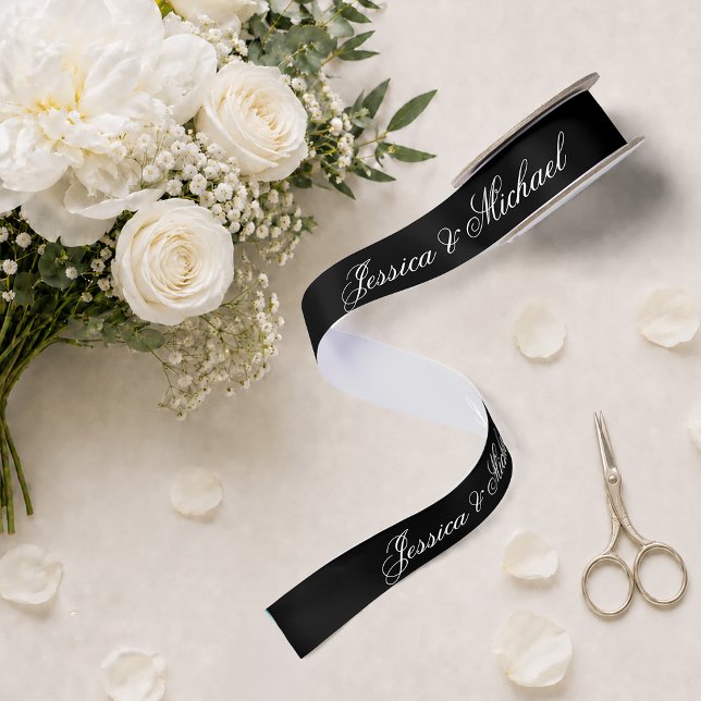 Black Wedding Simple Calligraphy Elegant Script  Satin Ribbon (Creator Uploaded)