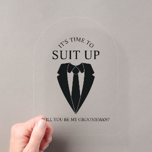 Black Wedding Suit and Tie Groomsman Proposal Acrylic Invitations