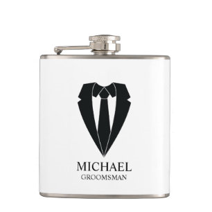 Black Wedding Suit and Tie Personalised Groomsmen Hip Flask