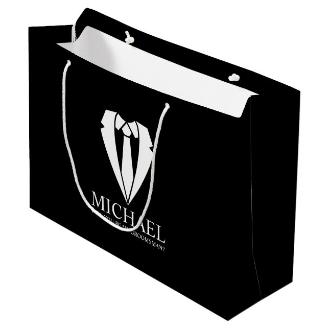 Black Wedding Suit Personalised Groomsman Proposal Large Gift Bag (Front Angled)