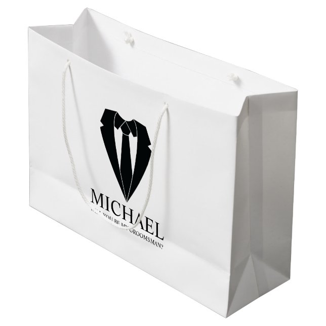 Black Wedding Suit Personalised Groomsman Proposal Large Gift Bag (Front Angled)