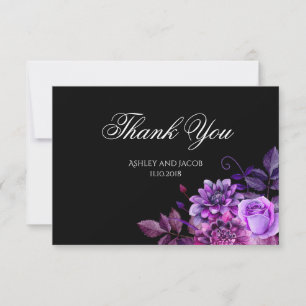 Black wedding thank you Floral note Purple flowers Card