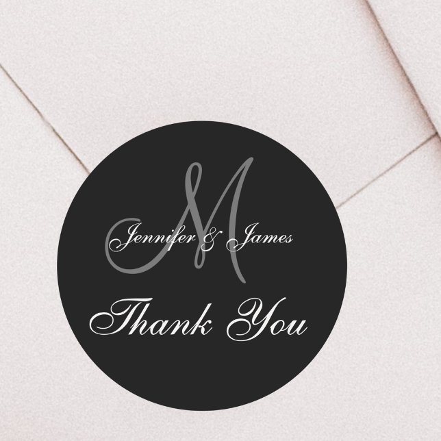 Black Wedding Thank You Monogram Names Classic Round Sticker (Creator Uploaded)