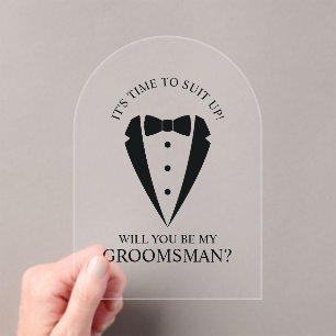 Black Wedding Tuxedo Suit Groomsman Proposal Acrylic Invitations
