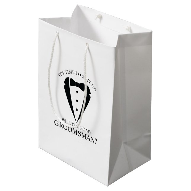 Black Wedding Tuxedo Suit Groomsman Proposal Medium Gift Bag (Front Angled)