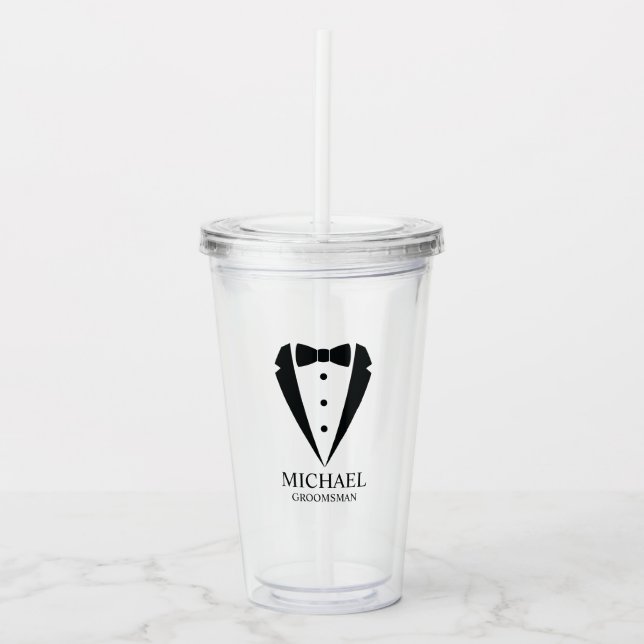 Black Wedding Tuxedo Suit Personalised Groomsmen Acrylic Tumbler (Front)