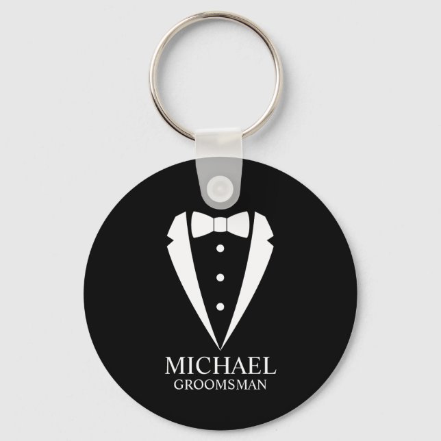 Black Wedding Tuxedo Suit Personalised Groomsmen Key Ring (Front)