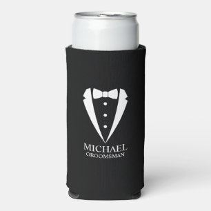 Black Wedding Tuxedo Suit Personalised Groomsmen Seltzer Can Cooler