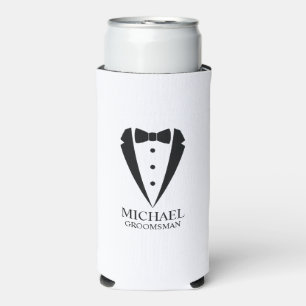 Black Wedding Tuxedo Suit Personalised Groomsmen Seltzer Can Cooler