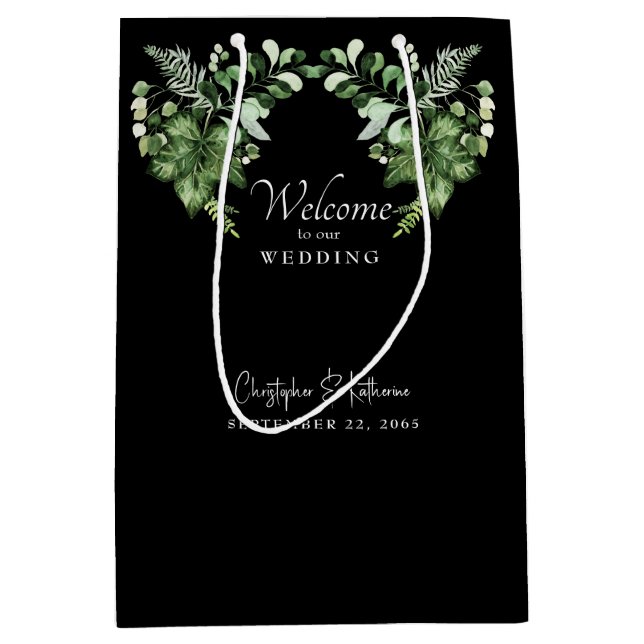 Black Wedding Welcome Greenery Favour Medium Gift Bag (Front)