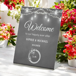 Black Wedding Welcome Rustic Wreath Pedestal Sign