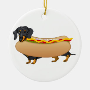 Black Weiner Dog with All the Fixins Ceramic Tree Decoration