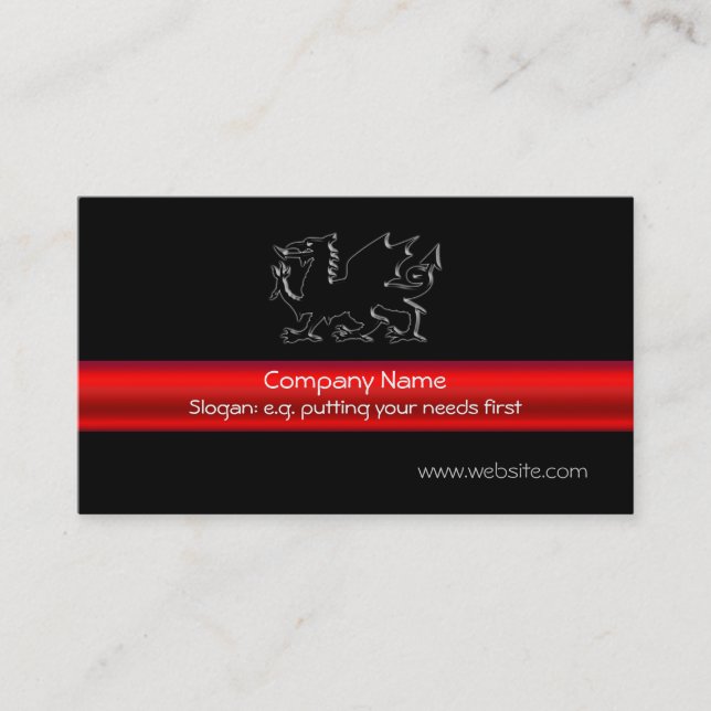Black Welsh Dragon with red metallic-look stripe Business Card (Front)