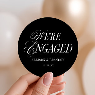 Black We're Engaged Engagement Party Favors Classic Round Sticker