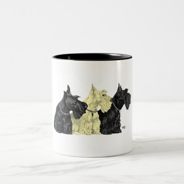 Black & Wheaten Scottish Terriers Two-Tone Coffee Mug (Center)