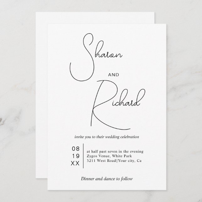 Black whimsical calligraphy Qr code white wedding Invitation (Front/Back)