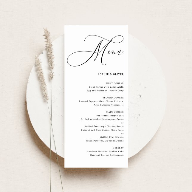 Black Whimsical Calligraphy Wedding Menu (Featuring the beautiful Whimsical Calligraphy Wedding Menu Card.)