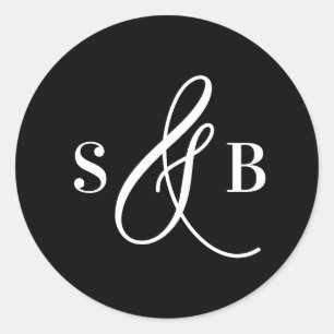 Black Whimsical Calligraphy Wedding Monogram Classic Round Sticker