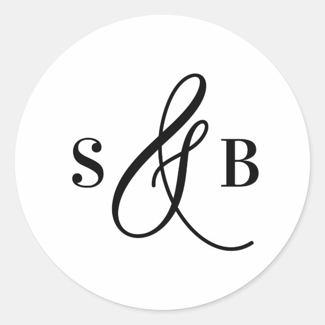 Black Whimsical Calligraphy Wedding Monogram Classic Round Sticker (Front)