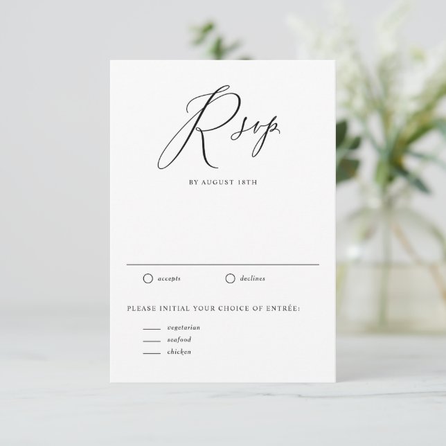 Black Whimsical Calligraphy Wedding RSVP Card (Standing Front)