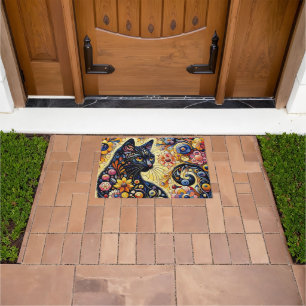 Black Whimsical Cat Abstract Floral Painting Art Doormat