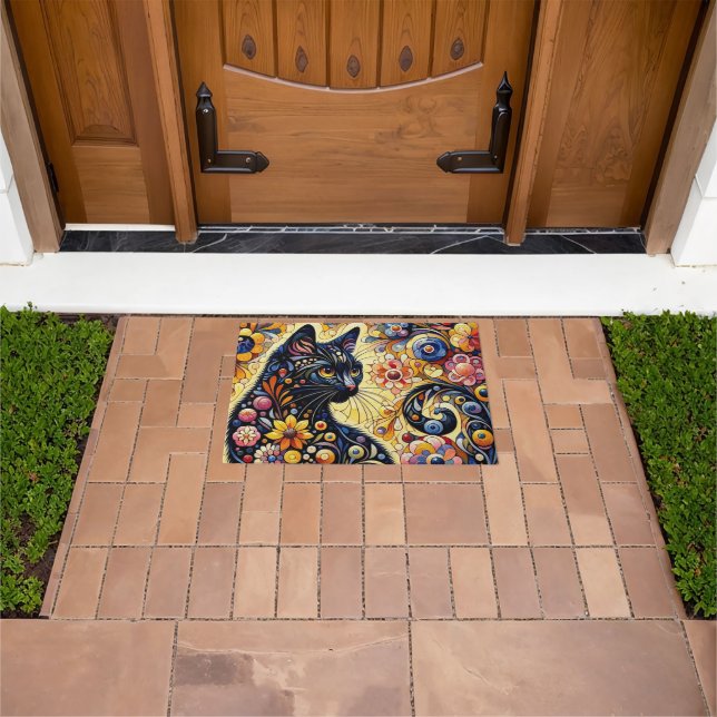 Black Whimsical Cat Abstract Floral Painting Art  Doormat (Outdoor)