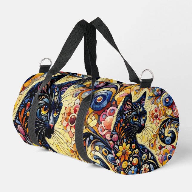 Black Whimsical Cat Abstract Floral Painting Art  Duffle Bag (Left Corner)