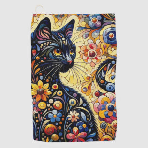 Black Whimsical Cat Abstract Floral Painting Art Golf Towel