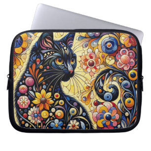 Black Whimsical Cat Abstract Floral Painting Art  Laptop Sleeve