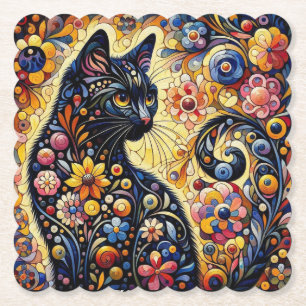 Black Whimsical Cat Abstract Floral Painting Art  Paper Coaster