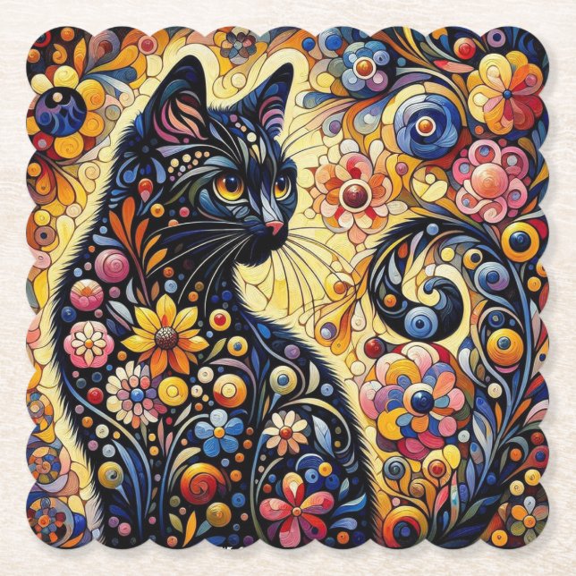 Black Whimsical Cat Abstract Floral Painting Art  Paper Coaster (Front)