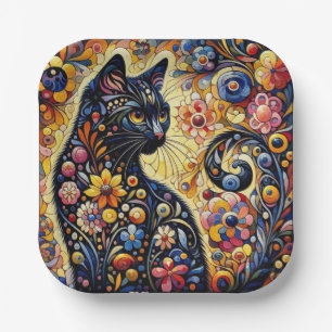 Black Whimsical Cat Abstract Floral Painting Art Paper Plate