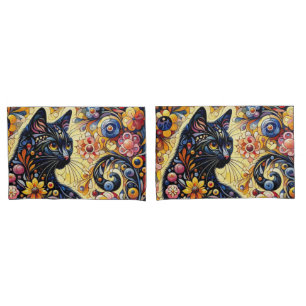 Black Whimsical Cat Abstract Floral Painting Art Pillowcase