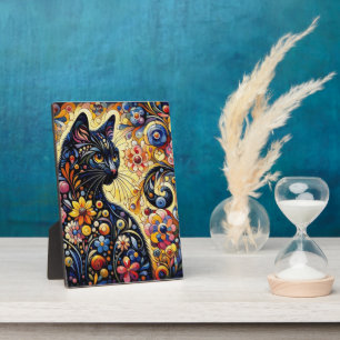 Black Whimsical Cat Abstract Floral Painting Art Plaque