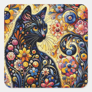 Black Whimsical Cat Abstract Floral Painting Art Square Sticker