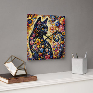 Black Whimsical Cat Abstract Floral Painting Art  Square Wall Clock