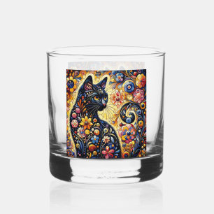 Black Whimsical Cat Abstract Floral Painting Art Whiskey Glass