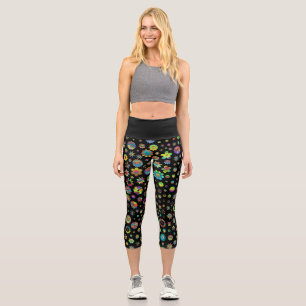 Black Whimsical Colourful Flowers Capri Leggings