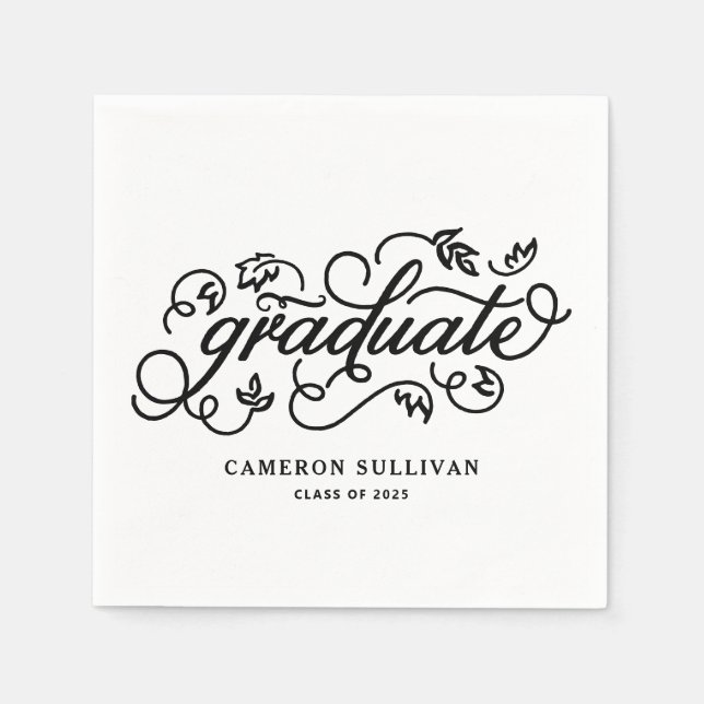 Black Whimsical Floral Script Graduation Napkin (Front)