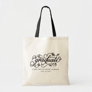 Black Whimsical Floral Script Graduation Tote Bag