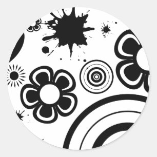 Black Whimsical Flowers, Circles, Splatter Pattern Classic Round Sticker