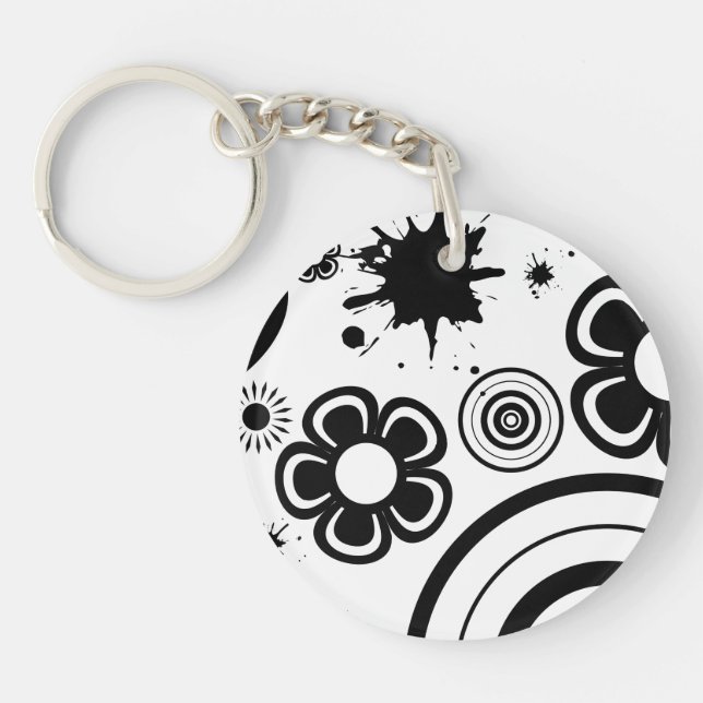 Black Whimsical Flowers, Circles, Splatter Pattern Key Ring (Front)