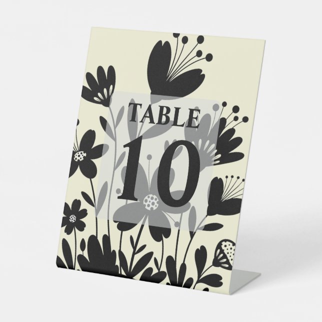Black Whimsical Flowers Table Number Pedestal Sign (Front)