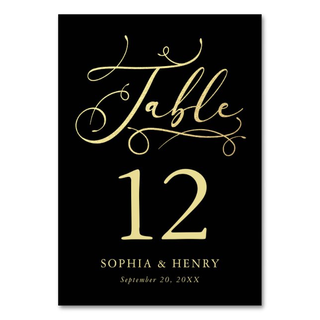 Black Whimsical Gold Calligraphy Table Number (Front)