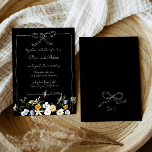 Black Whimsical Hand Drawn Bow Wildflower Wedding Invitation