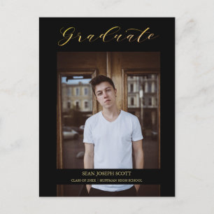 Black Whimsical Modern Calligraphy Photo Graduate Postcard