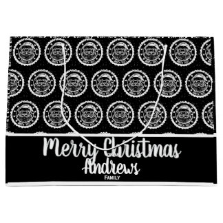 Black Whimsical Santa postage stamp Large Gift Bag
