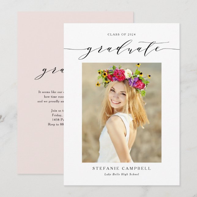 Black Whimsical Script 2023 Photo Graduation Invitation (Front/Back)