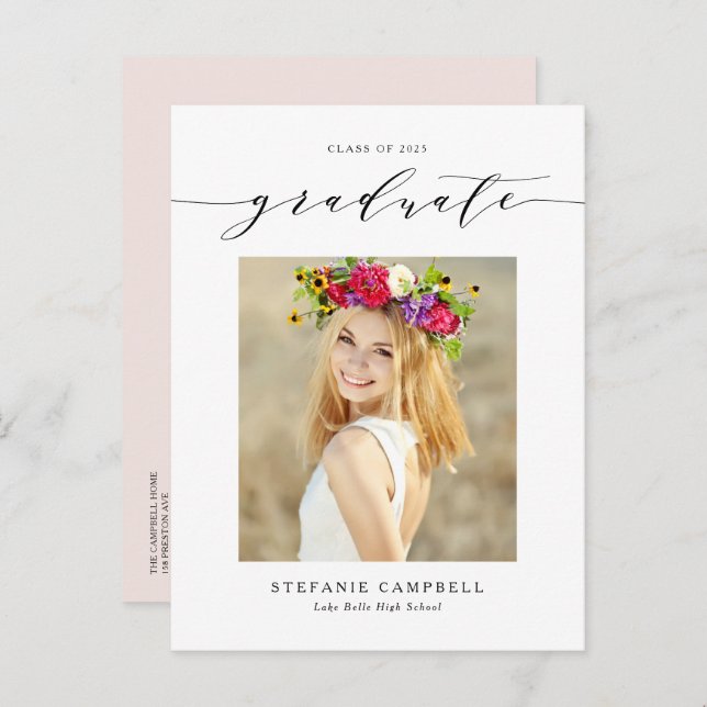 Black Whimsical Script Photo Graduation Announcement Postcard (Front/Back)